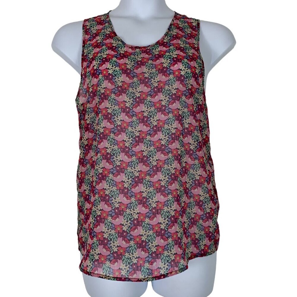 Tulle Size Medium Tank Top Floral Multicolor Semi Sheer Racerback Womens Shirt